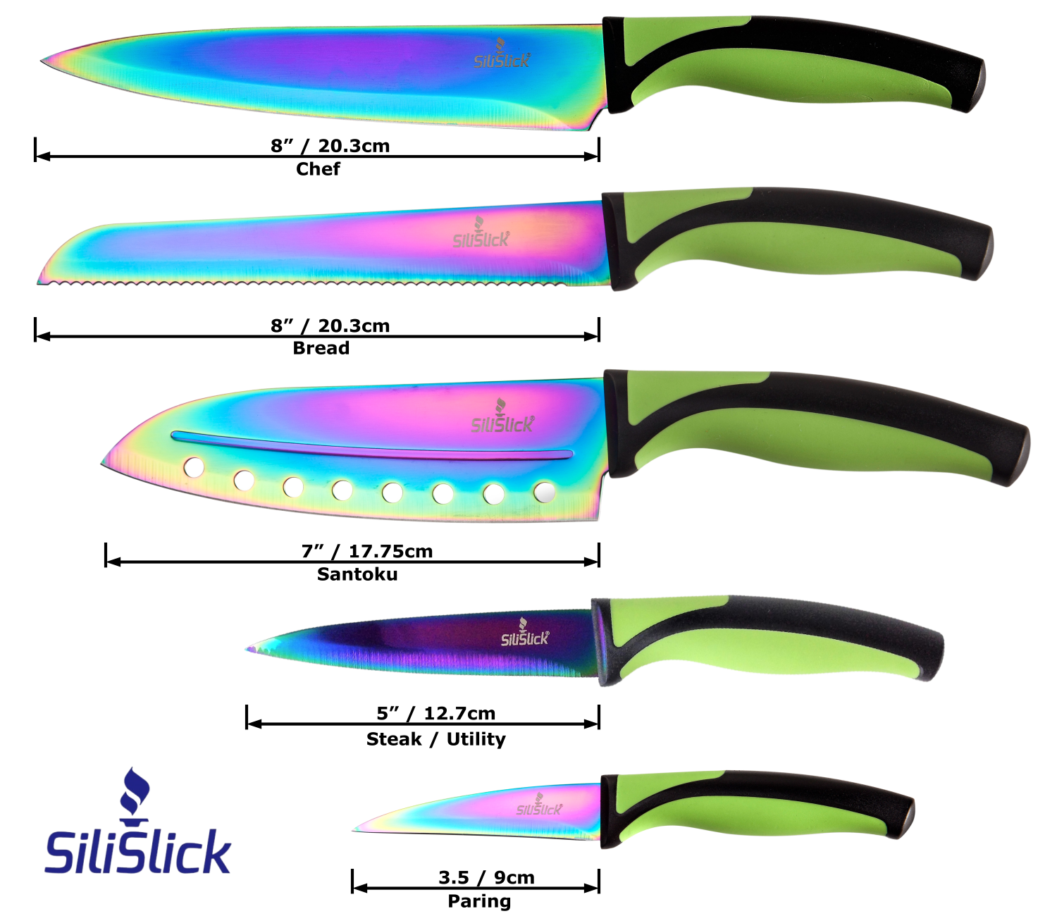 Kitchen Knife Set Kit | Green Handle & Black Magnetic Rack