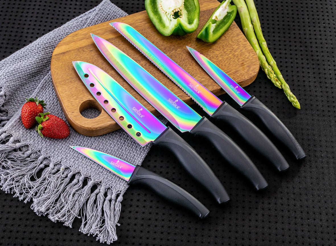 Kitchen Knife Set Kit | Black Handle & Red Magnetic Rack
