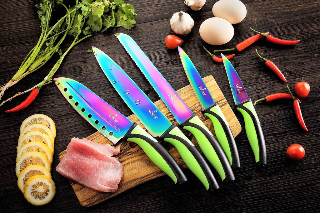 Kitchen Knife Set Kit | Green Handle & Black Magnetic Rack