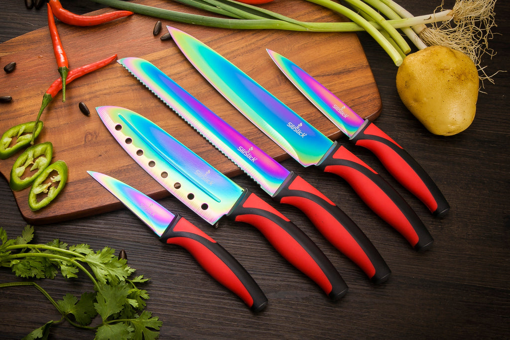 Kitchen Knife Set Kit | Red Handle & Red Magnetic Rack