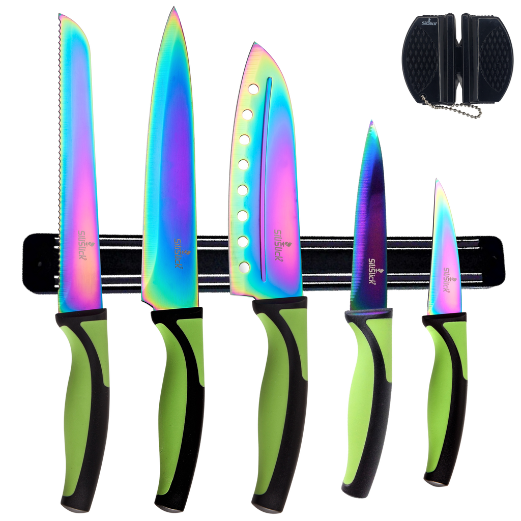 Kitchen Knife Set Kit | Green Handle & Black Magnetic Rack