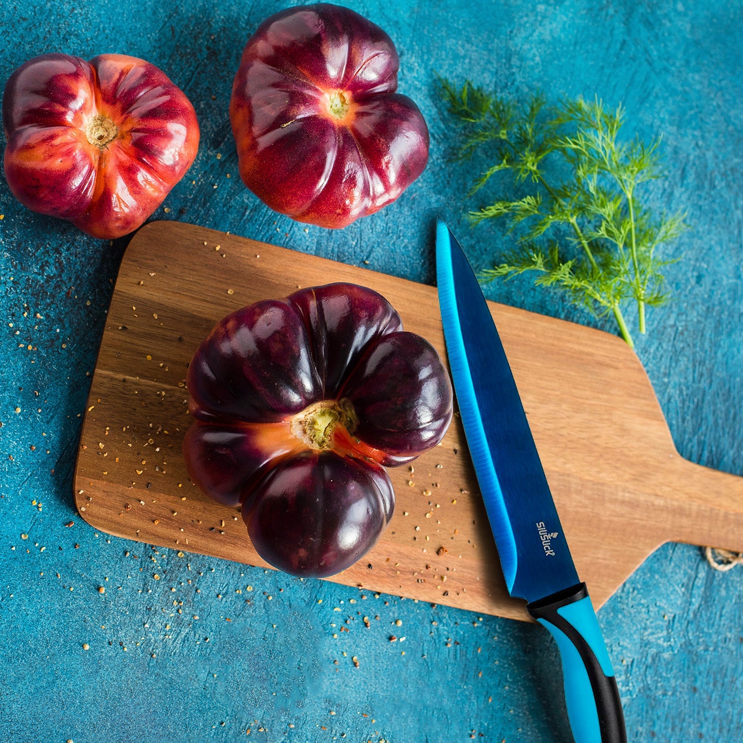 Kitchen Knife Set Kit | Blue Handle, Blue Blade & Red Magnetic Rack