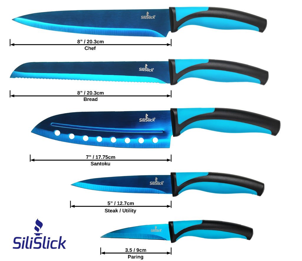 Kitchen Knife Set Kit | Blue Handle, Blue Blade & Red Magnetic Rack