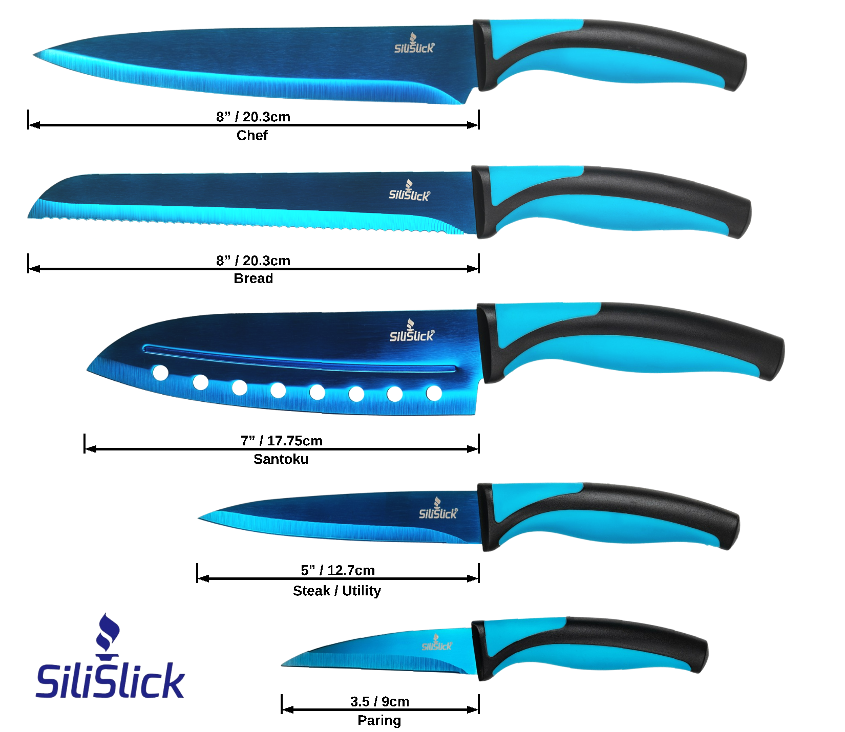 Kitchen Knife Set Kit | Blue Handle, Blue Blade & Red Magnetic Rack