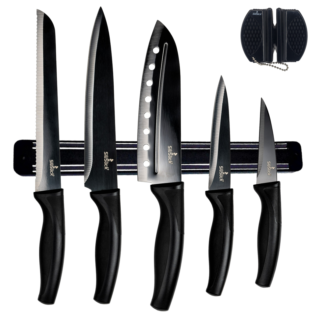 Kitchen Knife Set Kit | Black Handle, Black Blade & Black Magnetic Rack