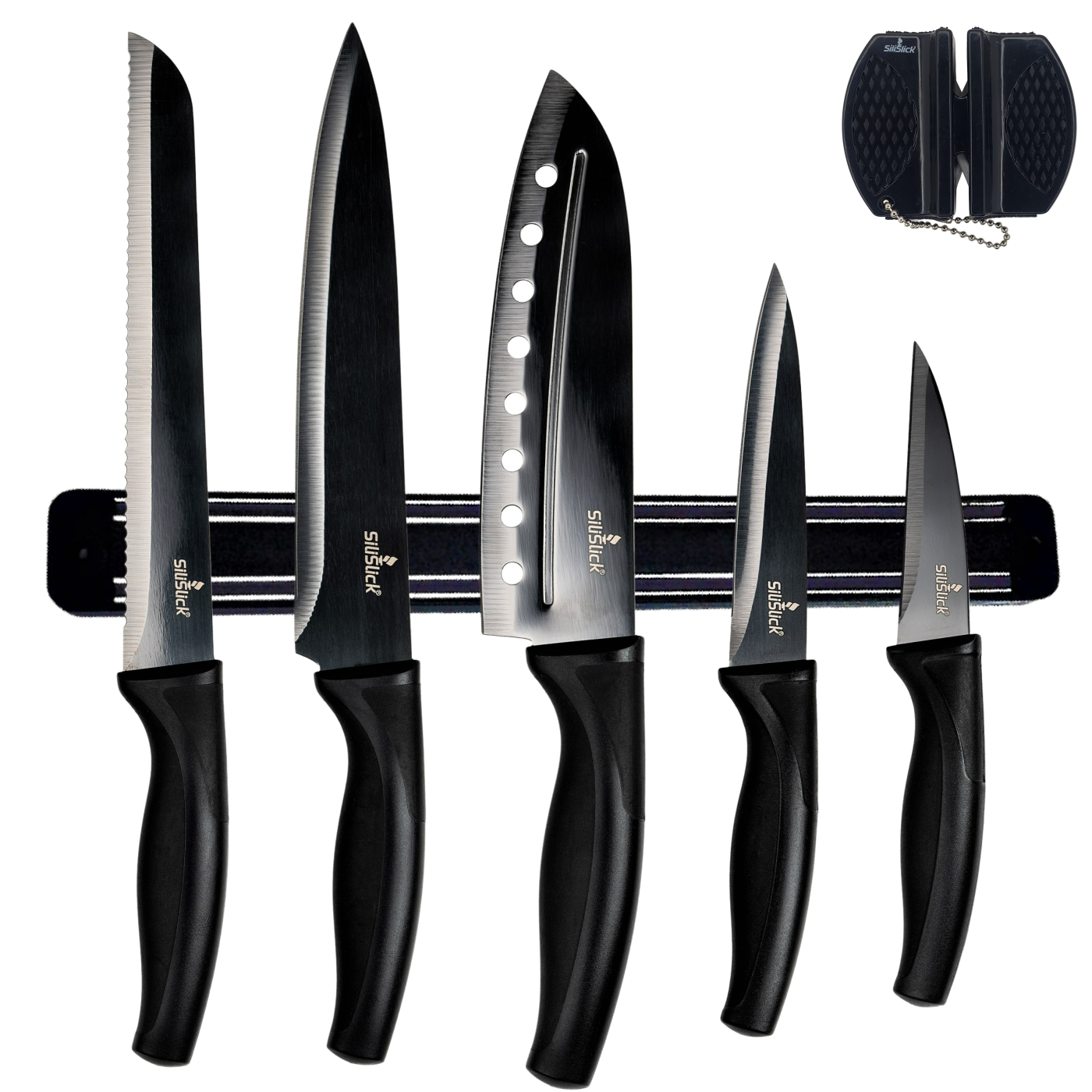 Kitchen Knife Set Kit | Black Handle, Black Blade & Black Magnetic Rack