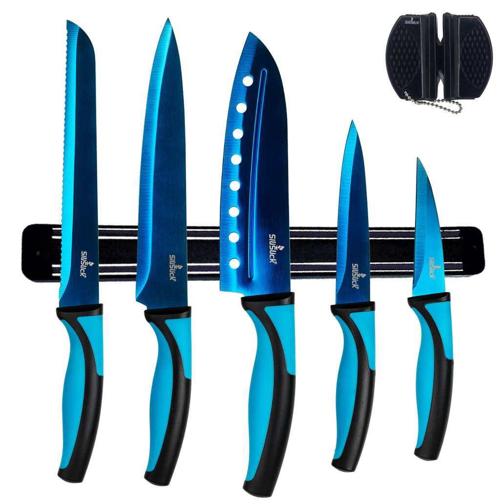 Kitchen Knife Set Kit | Blue Handle, Blue Blade & Black Magnetic Rack