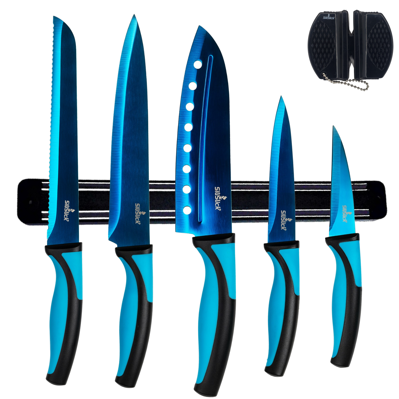 Kitchen Knife Set Kit | Blue Handle, Blue Blade & Black Magnetic Rack