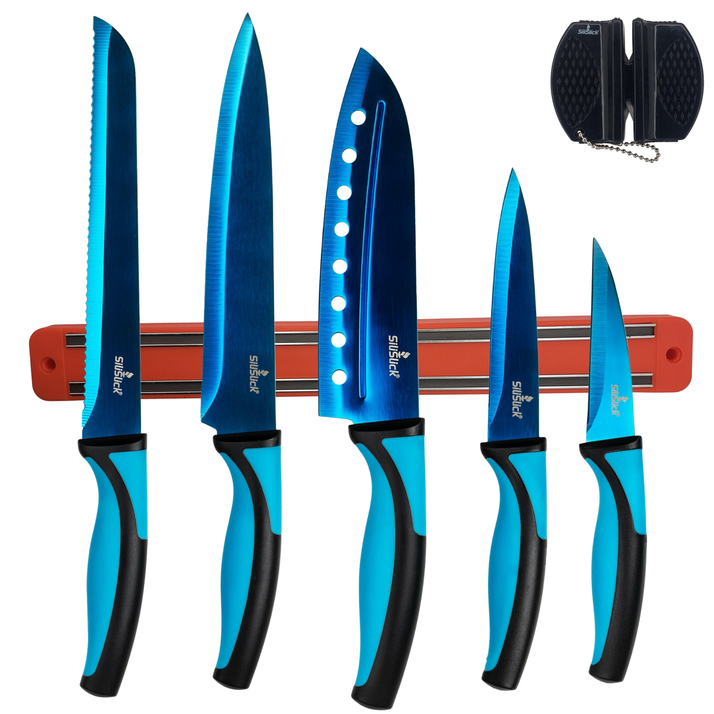 Kitchen Knife Set Kit | Blue Handle, Blue Blade & Red Magnetic Rack