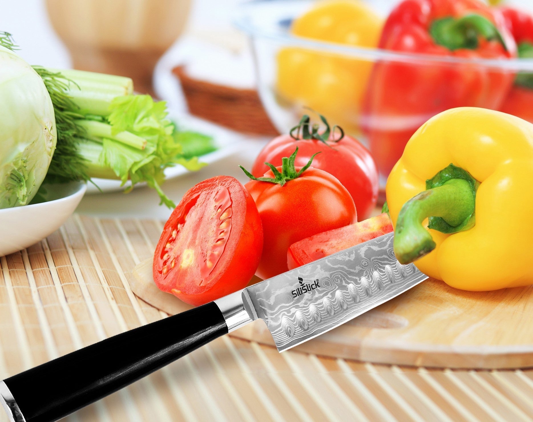 Damascus Stainless Steel Knife - Santoku Wave Design